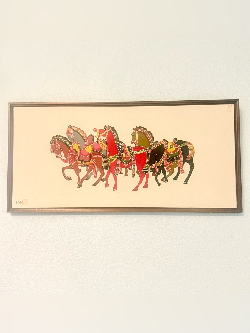 Vintage Framed Okinawa Bingata Painted Fabric Four Warrior Horses